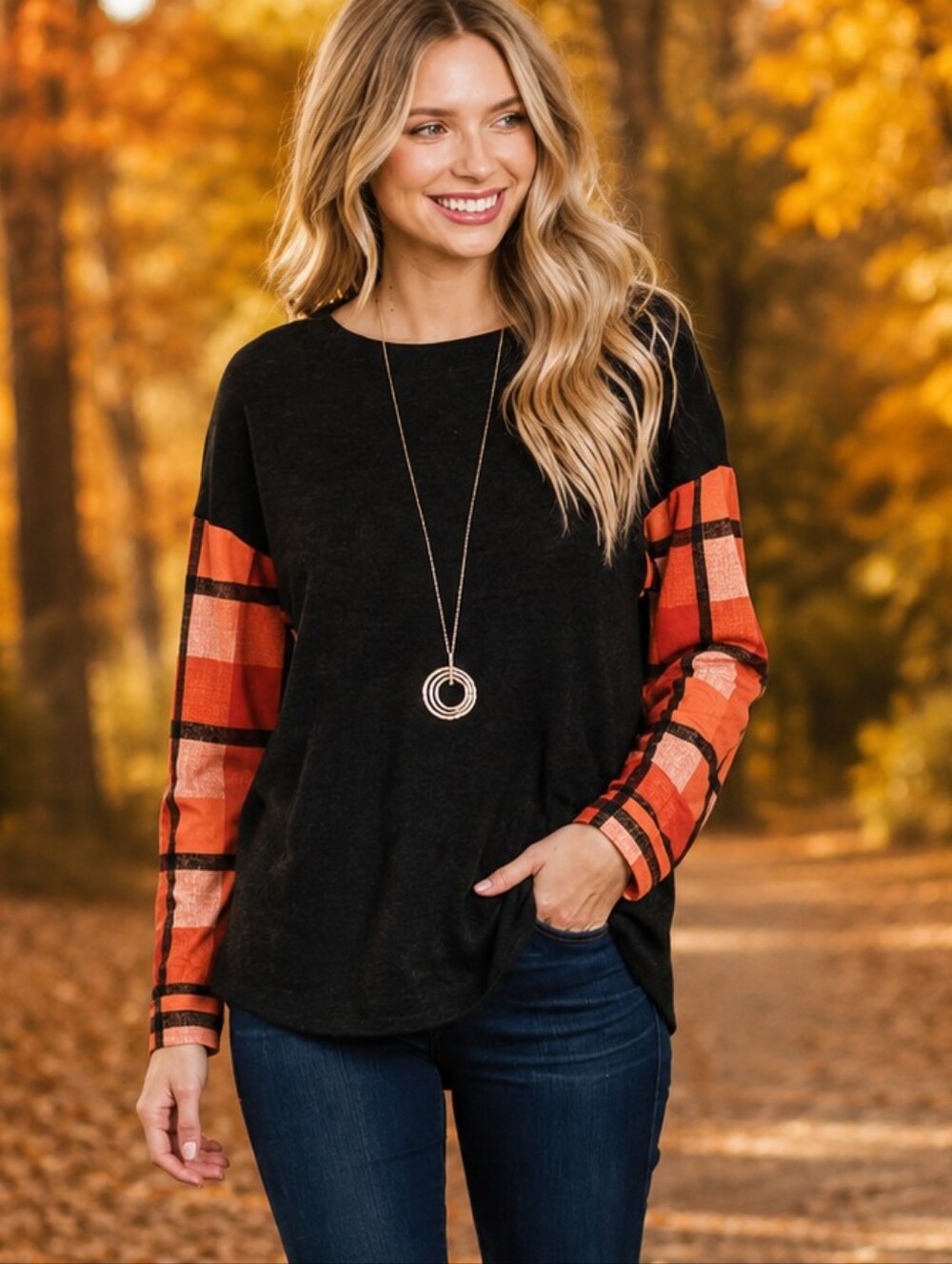 Black & Rust Plaid Sleeve Long Sleeve Fall Top